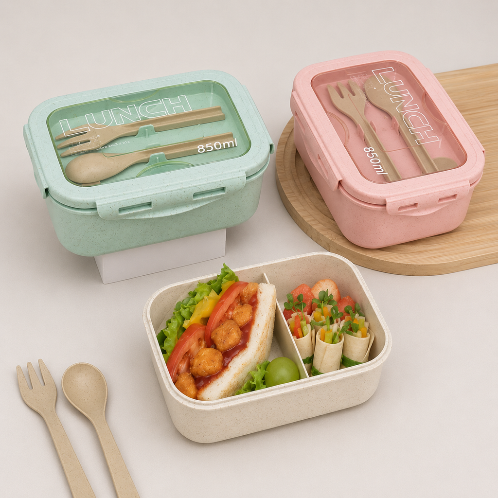 Boîte repas compartimentée en fibre de blé avec couverts