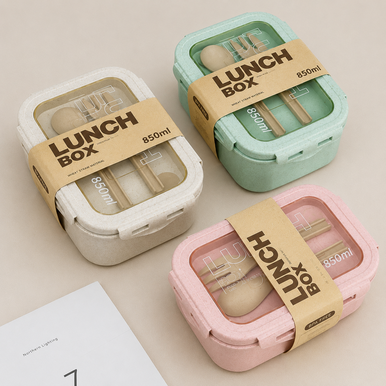 Boîte repas compartimentée en fibre de blé avec couverts