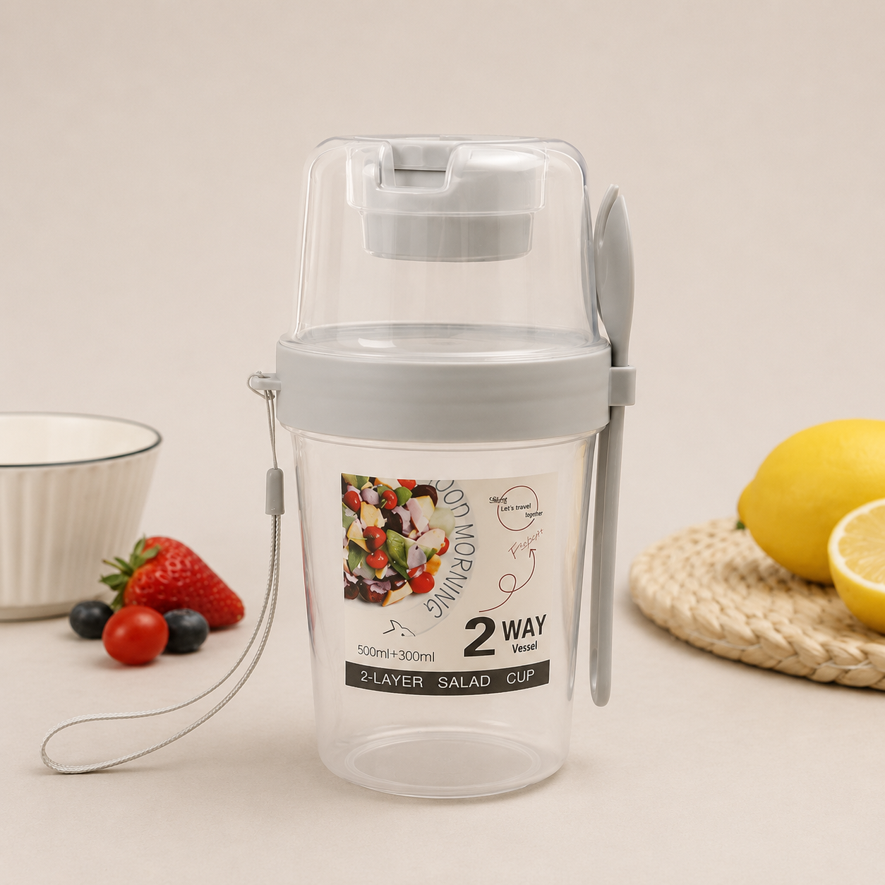 Bol à salade nomade avec compartiment à sauce et fourchette